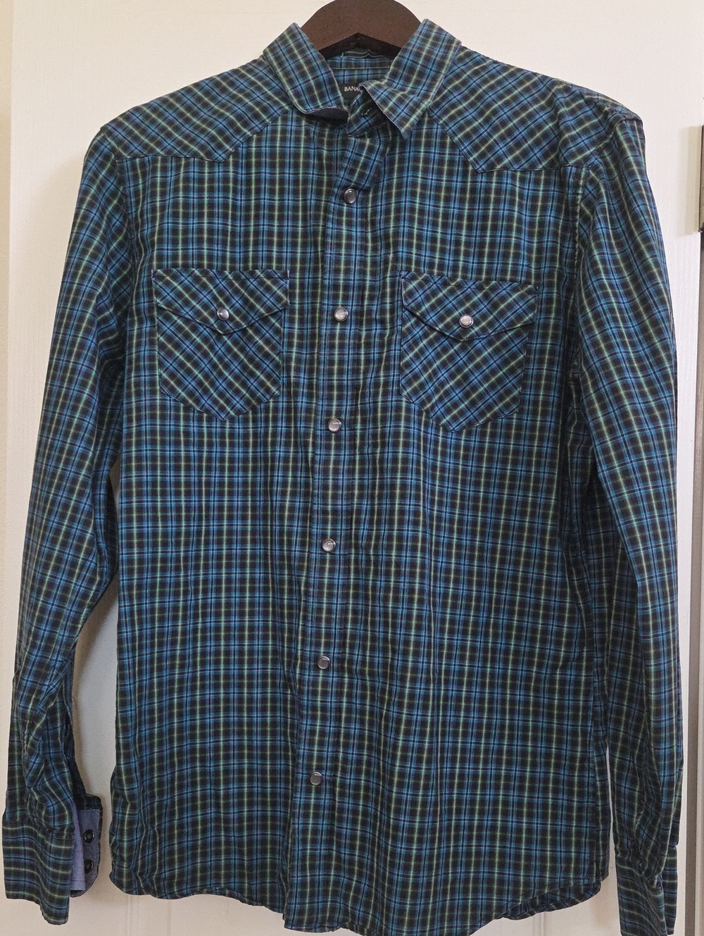 Banana Republic Long Sleeved Plaid Pearl Snap-Down Shirt - Blue/Green